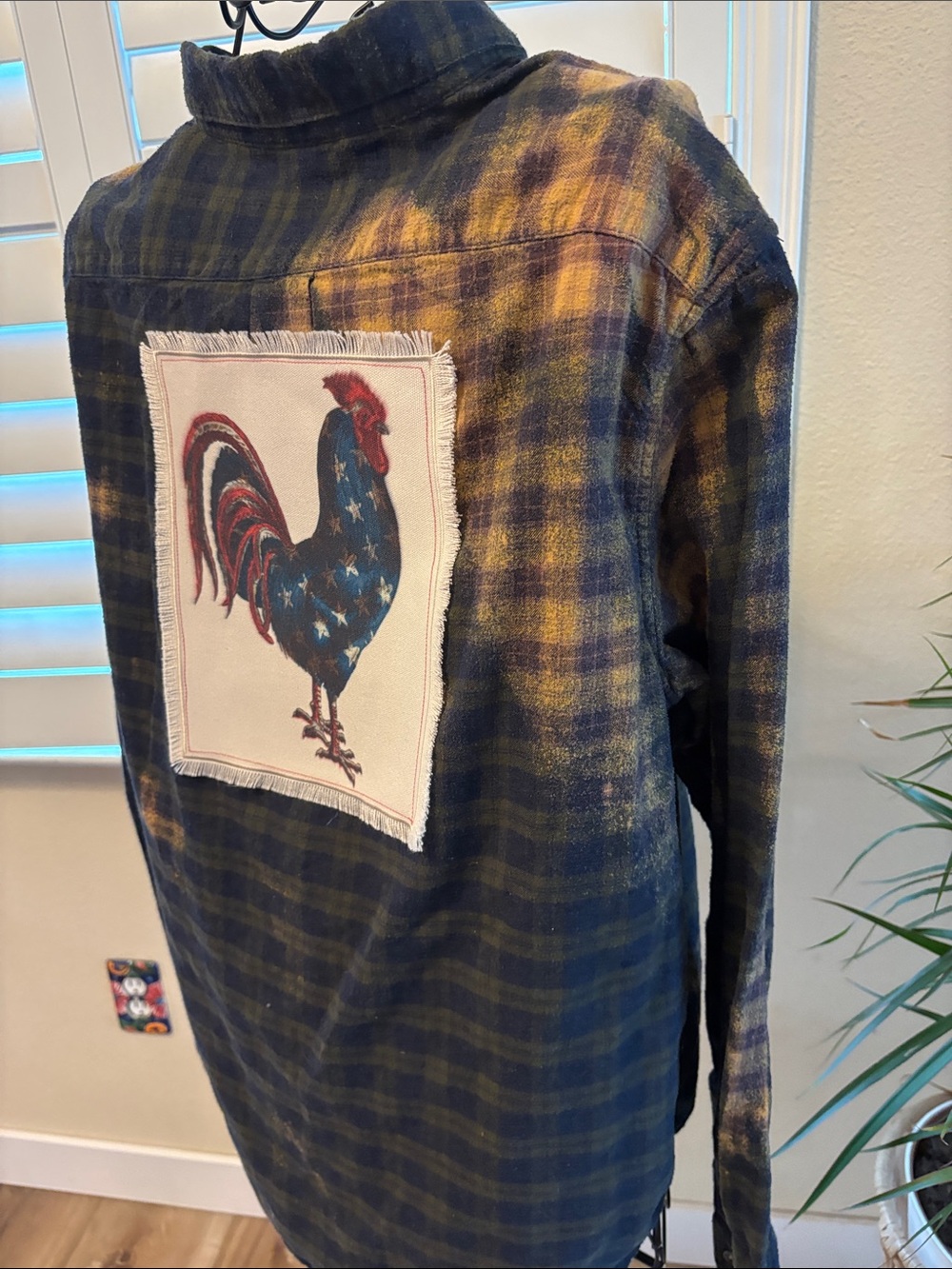 Handmade one of a kind distressed Plaid Rooster Patch Flannel Shirt - Picture 2 of 8